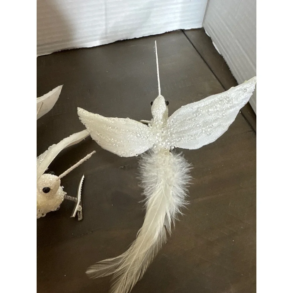 White Frosted Hummingbird Clip On Ornaments Feather Tail Set / 4 Christmas Decor